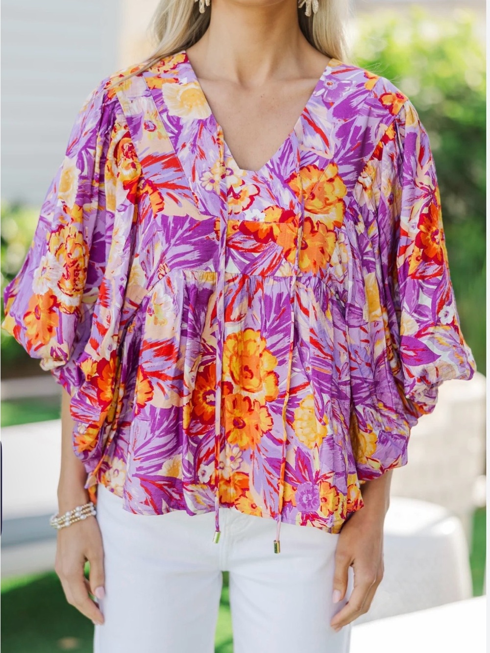 Vibrant Purple Floral V-Neck Flutter Blouse